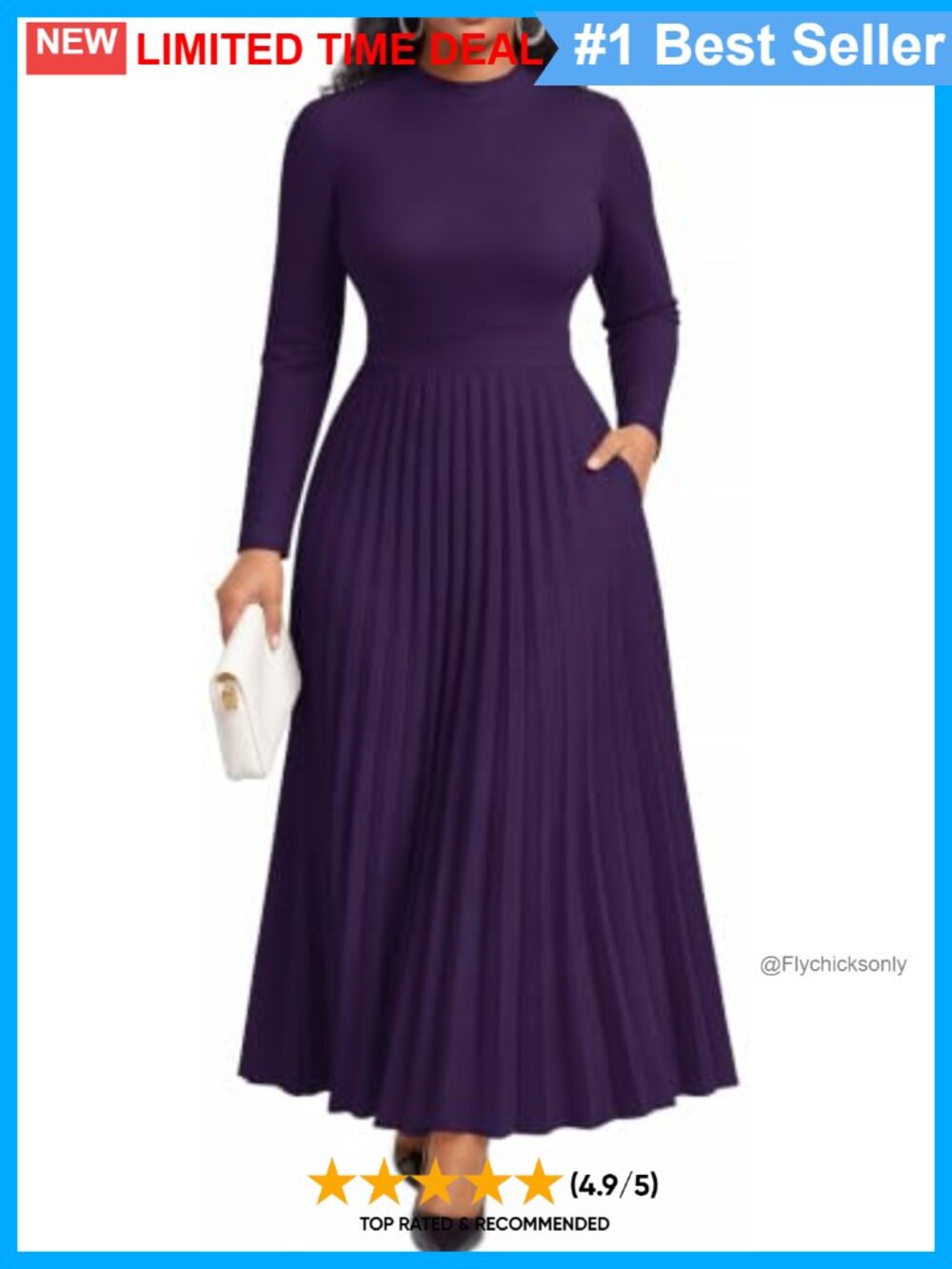 Pleated Maxi Dress Empire Waist Long Sleeve Pockets Modest Church